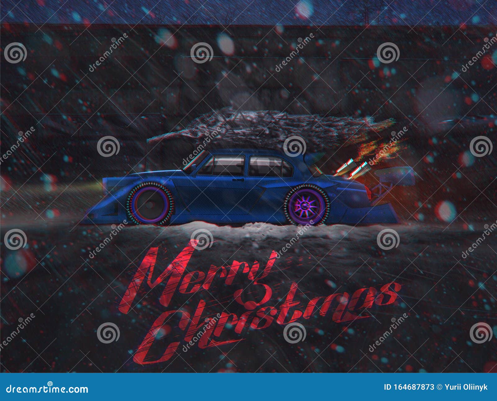 sports car blue and violet with two tailpipes with a fire and a green christmas tree on the roof in winter in snowy weat